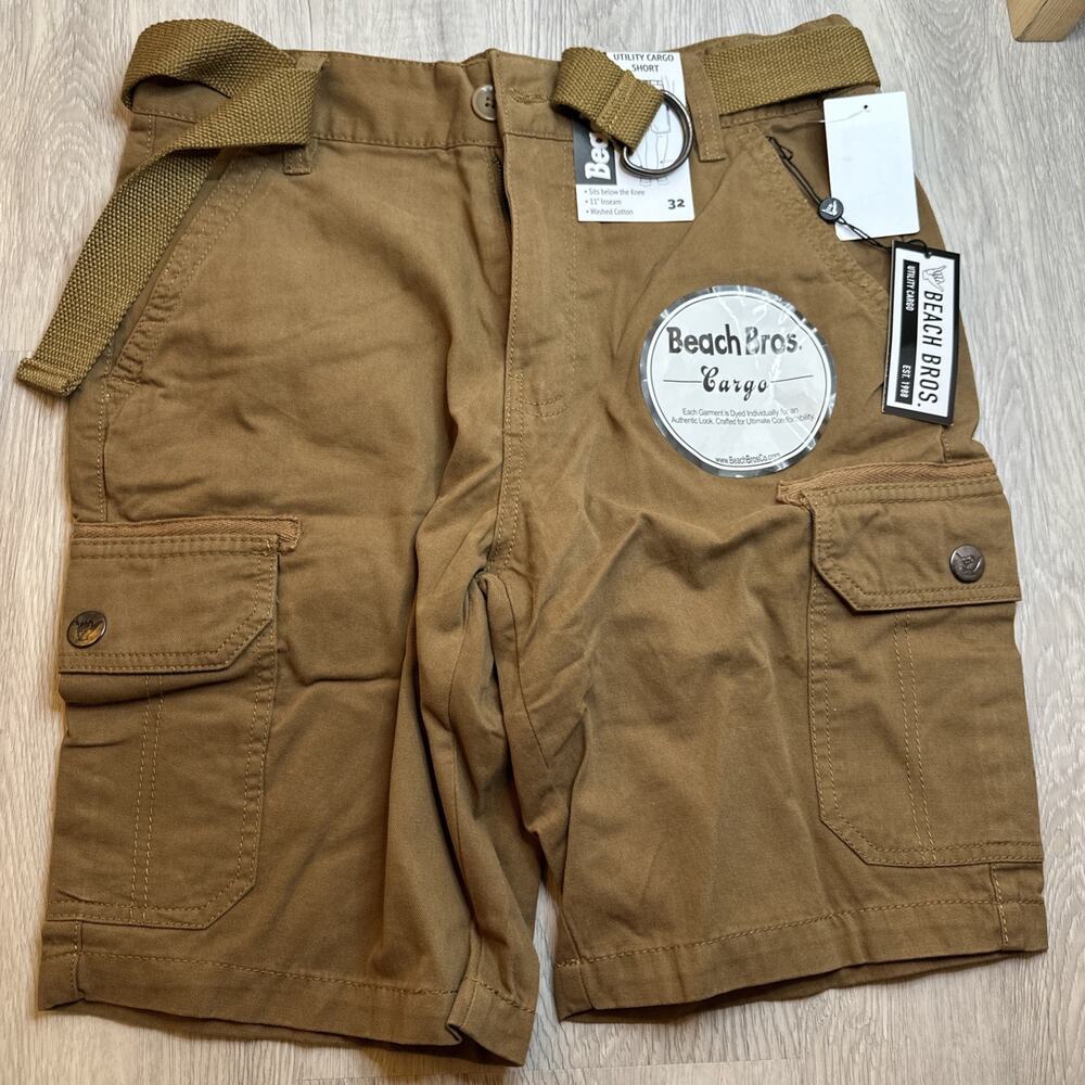 Beach Bros Shorts Mens Size 32 Khaki Utility Cargo Canvas Belt-New with tag